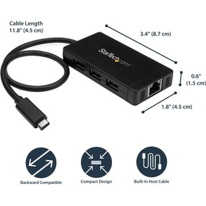 StarTech.com USB-C to Ethernet Adapter â€" Gigabit â€" 3 Port USB C to USB Hub and Power Adapter â€" Thunderbolt 3 Compati