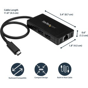StarTech.com USB to Ethernet Adapter Gigabit 3 Port USB C to USB Hub and Power Adapter Thunderbolt 3 Compatible - 3 Total 