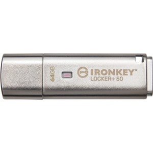 IronKey Locker+ 50 USB Flash Drive - 64 GB - USB 3.2 (Gen 1) Type A - 145 MB/s Read Speed - 115 MB/s Write Speed - Silver 