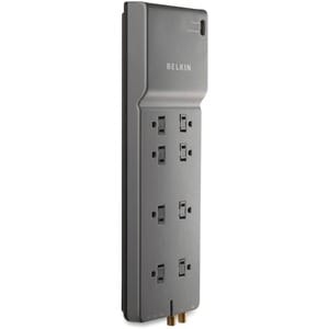 Belkin 8-Outlet Surge Protector - 12ft Cord - Right Angle Plug - 3550J - Telephone, Coaxial Protection - Grey - Black - Ri