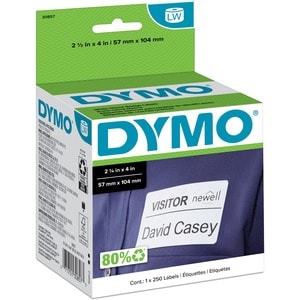 Dymo LabelWriter Adhesive Name Badges - 4" x 2 1/4" Length - Removable Adhesive - Rectangle - Direct Thermal - White - 250