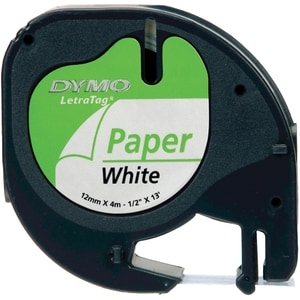 Ruban d'étiquettes Dymo LetraTag 91200 - 12 mm Largeur - Rectangle - Blanc, Noir - Papier - Predécoupée
