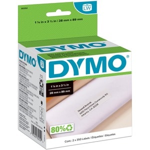 Dymo LabelWriter Address Labels - 1 1/8" Width x 3 1/2" Length - White - Paper - 350 / Roll - Self-adhesive - 2 / Box