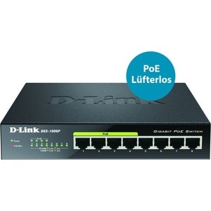 D-Link DGS-1008P, 8-Port Layer 2 PoE Gigabit Switch (4 x 10/100/1000 Mbit/s BaseT Port, 68W PoE Kapazität, lüfterlos, Meta