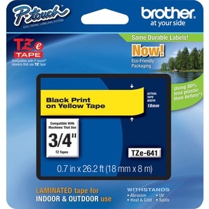 P-touch TZE641 Label Tape - 17.78 mm Width - Rectangle - Yellow - Laminated - Grease Resistant, Grime Resistant - 1 Each