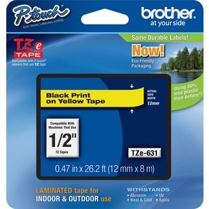 P-touch TZE631 Label Tape - 12 mm Width - Rectangle - Yellow - Laminated - Grease Resistant, Grime Resistant - 1 Each