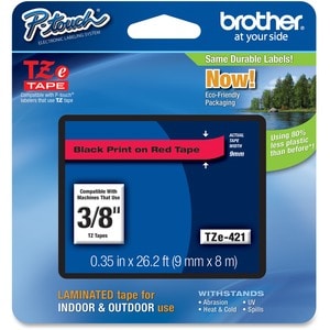 Brother P-touch TZe421 Label Tape - 8.89 mm Width - Rectangle - Thermal Transfer - Black, Red - Laminated - Cold Resistant