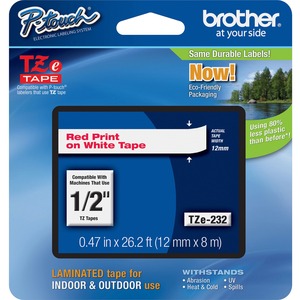 P-touch TZE232 Label Tape - 12.70 mm Width - Rectangle - White - Grease Resistant, Grime Resistant - 1 Each