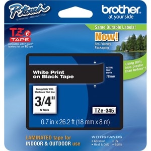 Brother TZE345 Label Tape - 19.05 mm Width - White, Black - 1 Each - Grease Resistant, Grime Resistant