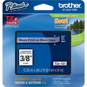 P-touch TZE121 Label Tape - 9.53 mm Width - Clear, Black - Grease Resistant, Grime Resistant - 1 Each