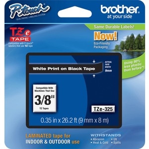 P-touch TZE325 Label Tape - 9.53 mm Width - White, Black - Grease Resistant, Grime Resistant - 1 Each