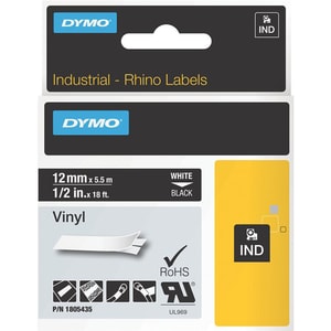 Dymo White on Black Color Coded Label - 1/2" Width - Permanent Adhesive - Thermal Transfer - Black - Vinyl - Water Resista