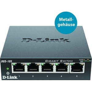 D-Link DGS-105, 5-Port Layer 2 unmanaged Gigabit Switch (5 x 10/100/1000 Mbit/s BaseT Port, Plug & Play, lüfterlos, Metall