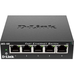 D-Link DES-105 5 Ports Ethernet Switch - 10/100Base-TX - 1.20 W Power Consumption - Twisted Pair - Wall Mountable