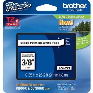 Brother P-touch TZE221 Label Tape - 9.53 mm Width - Rectangle - White - 1 Each - Grease Resistant, Grime Resistant