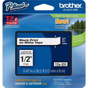Brother P-touch TZE231 Label Tape - 11.94 mm Width - Rectangle - White - 1 Each - Grease Resistant, Grime Resistant