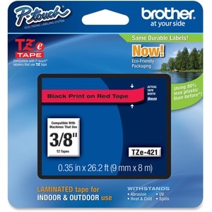 Brother P-touch TZe421 Label Tape - 8.89 mm Width - Rectangle - Thermal Transfer - Black, Red - 1 Each - Cold Resistant, C