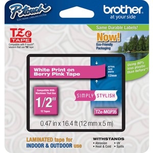 P-touch TZe-MQP35 Label Tape - 12 mm Width x 5 m Length - Direct Thermal, Thermal Transfer - Berry Pink - Abrasion Resista