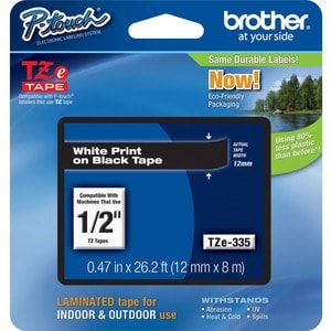 TZE-335 LAMINATED TAPE 12MM 8M WHITE ON BLACK