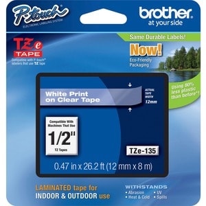 TZE-135 LAMINATED TAPE 12MM 8M WHITE ON CLEAR