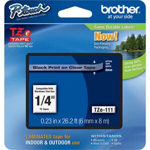 P-touch TZE111 Label Tape - 6.35 mm Width - Clear, Black - Laminated - Grease Resistant, Grime Resistant - 1 Each