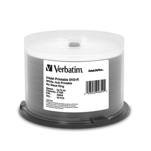 Verbatim DVD-R 4.7GB 8X DataLifePlus White Inkjet Printable, Hub Printable - 50pk Spindle - 4.7GB - 50pk Spindle