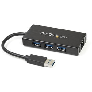 StarTech.com 3 Port Portable USB 3.0 Hub with Gigabit Ethernet Adapter NIC - 5Gbps - Aluminum w/ Cable - Add 3 external US