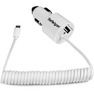 StarTech.com White Dual Port Car Charger with Micro USB Cable and USB 2.0 Port - High Power (21 Watt / 4.2 Amp) - 1 Pack -