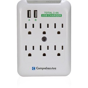Comprehensive Wall Mount 6-Outlet Surge Protector With Dual-USB 2.4Amp Charging Ports - 6 x AC Power, 2 x USB - 1800 VA - 