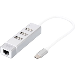 Digitus USB Hub - USB Type C - External - 3 Total USB Port(s) - 3 USB 2.0 Port(s)1 Network (RJ-45) Port(s) - PC, Mac