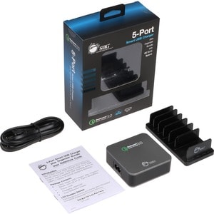 SIIG 5-Port Smart USB Charger plus Organizer Bundle with QC3.0 & USB-C - Black - 45W USB-C smart charger is compatible wit