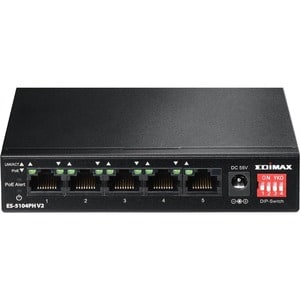 Switch a 5 porte fast Ethernet con 4 porte PoE+ e switch DIP