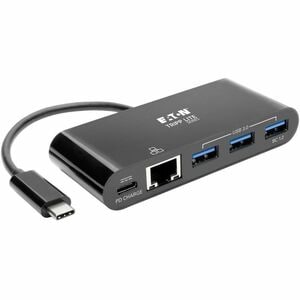 Eaton Tripp Lite Series 3-Port USB-C Hub - USB 3.x (5Gpbs) Hub Ports, Gigabit Ethernet, 60W PD Charging, Black - USB Type 