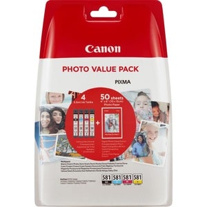 Canon CLI-581 Original Inkjet Ink Cartridge/Paper Kit - Value Pack - Black, Cyan, Magenta, Yellow Pack - Inkjet