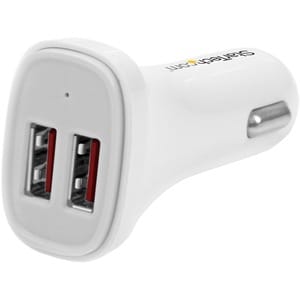 StarTech.com Dual Port USB Car Charger - White - High Power 24W/4.8A - 2 Port USB Car Charger - 5 V DC Output - 4.80 A - 1