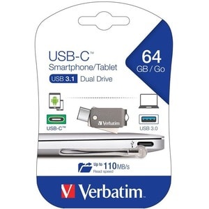 Verbatim 64 GB USB 3.0 Type C Flash Drive - Silver - 110 MB/s Read Speed - 20 MB/s Write Speed - Lifetime Warranty - 1