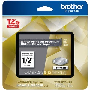 Brother TZe Premium Multipurpose Label - 12 mm Width - Rectangle - Premium Glitter Silver