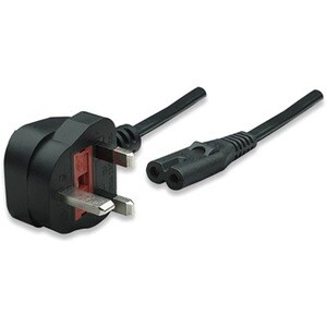 Power Cord/Cable, UK 3-pin plug to C7 Female (figure of eight), 1.8m, 13A, Black, Lifetime Warranty, Polybag - For Compute
