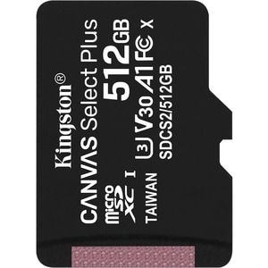 Kingston Canvas Select Plus SDCS2 512 GB Class 10/UHS-I (U3) microSDXC - 1 Pack - 100 MB/s Read - 85 MB/s Write - Lifetime