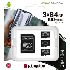 Kingston Canvas Select Plus SDCS2 64 GB Class 10/UHS-I (U1) microSDXC - 3 Pack - 100 MB/s Read - Lifetime Warranty