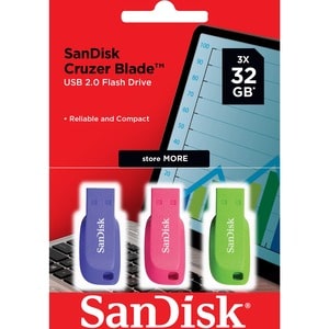 SanDisk Cruzer Blade 32 GB USB 2.0 Type A Flash Drive - Blue, Pink, Green - 128-bit AES - 3 / Pack