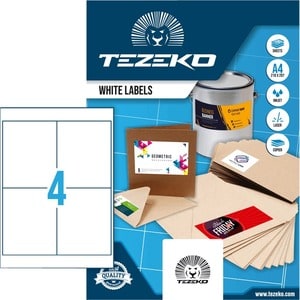 TEZEKO Multipurpose Label - Rectangle - Inkjet, Laser - White - Paper - 4 / Sheet - 100 Total Sheets - 400 / Box