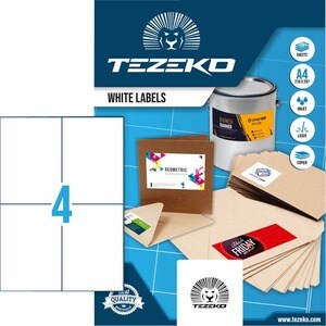 TEZEKO Multipurpose Label - Rectangle - Inkjet, Laser - White - Paper - 4 / Sheet - 100 Total Sheets - 400 / Box