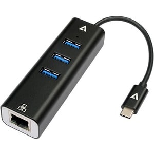 V7 Gigabit Ethernet Adapter USB-C Male to USB A Female x 3, RJ45 Black - USB 3.2 (Gen 1) Type C - External - 3 USB Port(s)