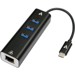 Hub Combo USB/Ethernet V7 V7UCRJ45USB3 - USB 3.2 (Gen 1) Type C - 1024 Mo/s - Externe - Noir - 3 Total de ports USB - 3 Po