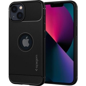 Spigen Rugged Armor Rugged Case for Apple iPhone 13 Smartphone - Textured - Matte Black - Carbon Fiber, Glossy - Thermopla