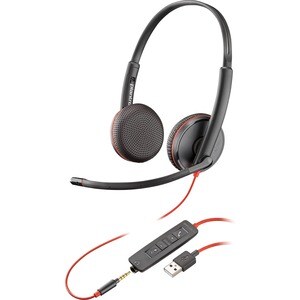 Plantronics Blackwire C3225 有线 头戴式 立体声 耳机 - 黑 - 双声道 - 上耳式 - 20 Hz 到 20 kHz - 降噪 麦克风 - A 型 USB, 迷你手机（3.5毫米）