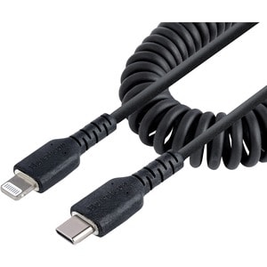 StarTech.com 50cm / 20in USB C to Lightning Cable, MFi Certified, Coiled iPhone Charger Cable, Black, TPE Jacket Aramid Fi