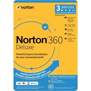 LifeLock Norton 360 Deluxe - Subscription License and Media - 3 Device, 50 GB, 1 User - Annual Fee - Antivirus - DVD-ROM -