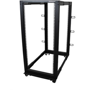 StarTech.com 25U Adjustable Depth Open Frame 4 Post Server Rack w/ Casters / Levelers and Cable Management Hooks - Steel, 